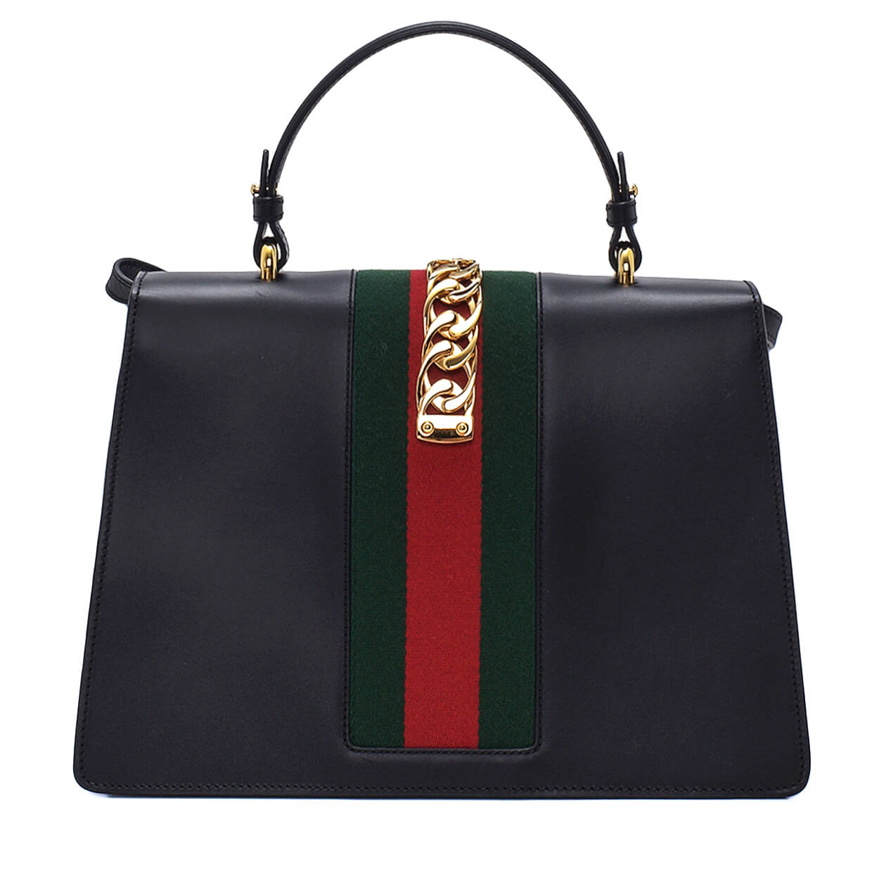 Gucci - Black Leather Web Striped Medium Sylvie Top Handle Bag